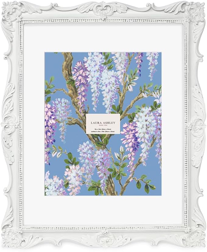 Laura Ashley 11x14 White Ornate Textured Hand-Crafted Resin Picture Frame, Wall Mount, Decorative Floral Design Home Décor, Photo Gallery, Art, More (White, 11x14 (Matted 8x10))