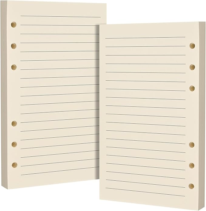 A6 6-Hole Lined Loose-Leaf Paper, Beige – Refill Pages for Standard A6 6-Ring Binder, Journals, Planners – Ideal for Office, Study, Recipes, Travel & Budgeting – Pack of 2 (80 Sheets per Pack)