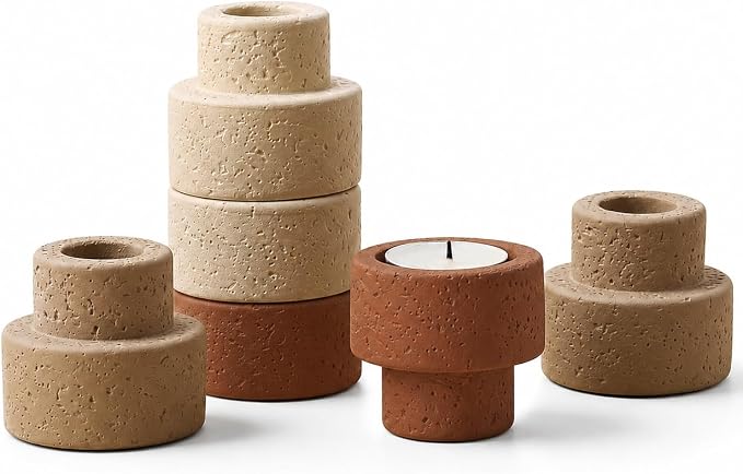 Set of 6 Concrete Candle Holders - Reversible Faux Travertine for 7/8" Taper & 1.5" Tealights, Stackable Heavyweight Minimalist Table Decor with Neutral Colors, Candles Not Included