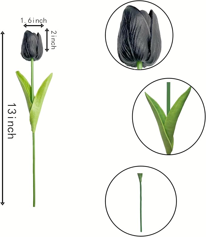 20 Pcs 13” Real Touch Black Tulips Artificial Flowers, Latex Pu Fake Faux Lifelike Flowers with Stems, for Halloween Home Decor Wedding Bouquet