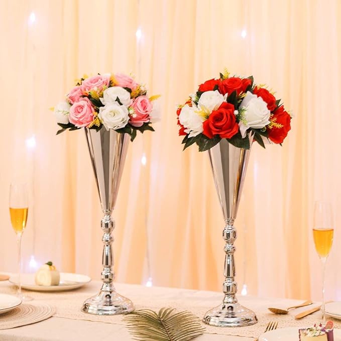 Set of 2 Tabletop Metal Wedding Flower Trumpet Vase Wedding Centerpiece Flower Vase for Wedding Event Decoration Living Decor Party Decor (Silver, 2×L)