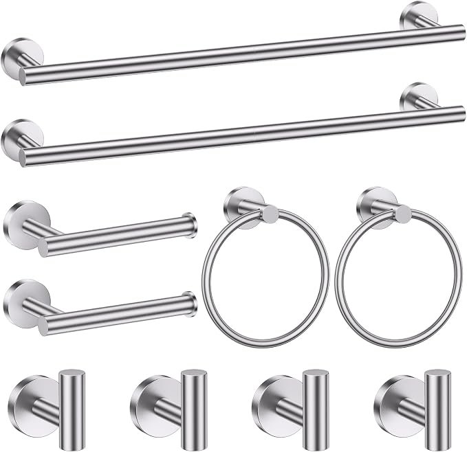 10 Pieces Brushed Nickel Bathroom Hardware Accessories Set SUS304 Stainless Steel Towel Bar Holder Set, 23.6Inch Towel Racks for Bathroom, Robe Towel Hooks, Toilet Paper Holder Wall Mounted