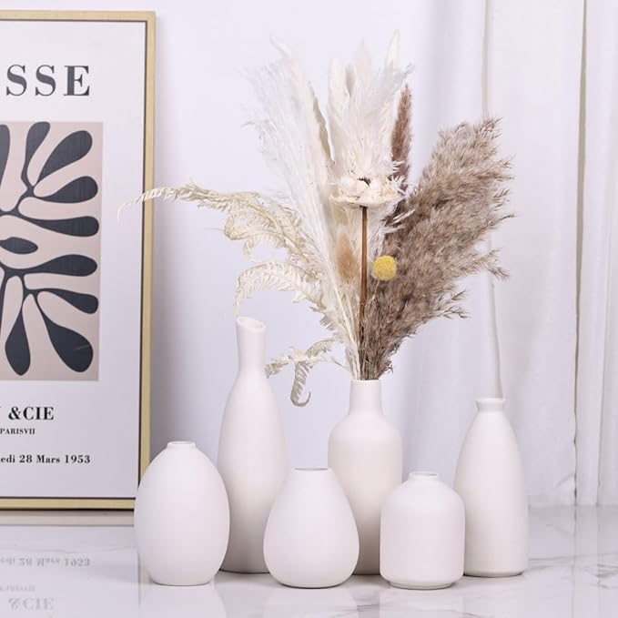 White Ceramic Vase Set of 6, Modern Boho Vases for Dry Flowers, Small White Vases for Decor, White Small Vases for Centerpieces in Bulk, Mini Small Flower Vases for Wedding Home Table Party Decor