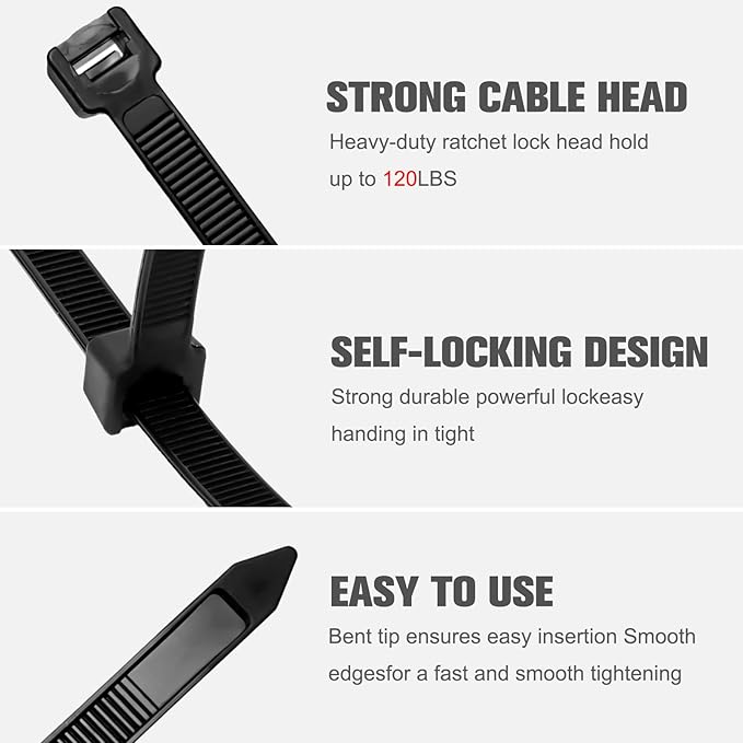 Zip Ties 12 inch ，Heavy Duty Cable Ties with 120 Pounds Tensile Strength，Black Zip Ties，100 Pack, Wire Ties for Indoor and Outdoor Use.