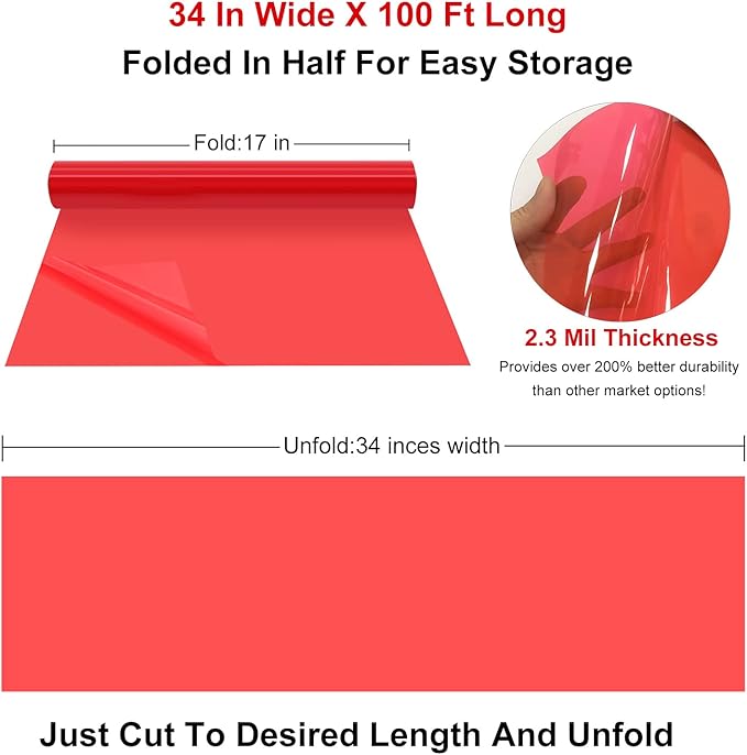 100 ftx34 in Extra Wide Red Cellophane Wrap, Translucent Festive Red Cellophane Wrapping Paper for Gift Baskets, Colored Cellophane Wrap Roll for Treats, Cookies, Holiday, Christmas Decoration