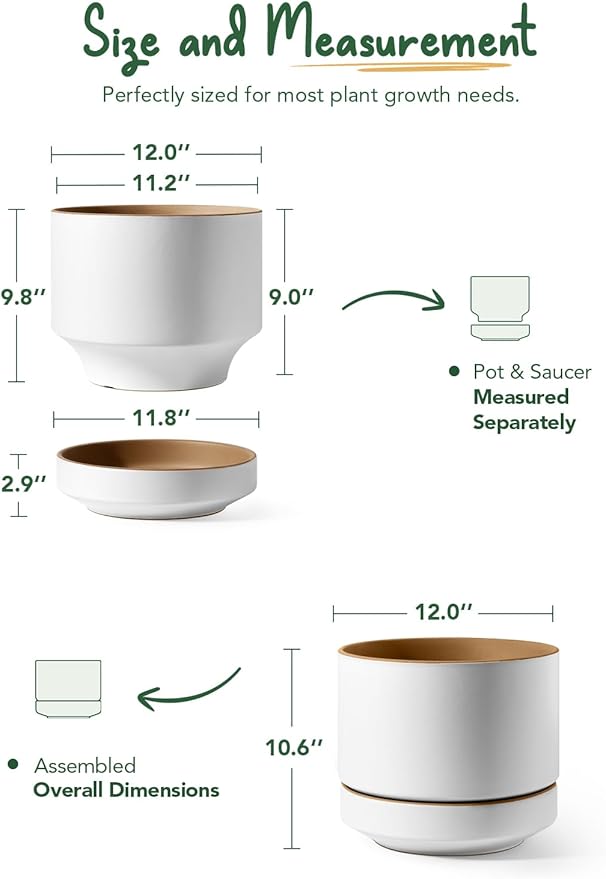 LE TAUCI 12 Inch Pot for Plants with Saucer, Ceramic Indoor Planter Pot with Drainage Hole, Mesh Pad & Plug Included, Matte Glazed Outside, Modern for Home and Office, Alpine White & Ochre