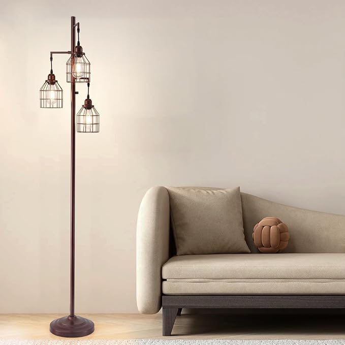 9MMML Floor Lamp for Living Room, Farmhouse Industrial Dimmable Floor lamp, 3 Lights Metal Cage Tree Standing Lamp,68", 3Pcs LED Bulbs Included