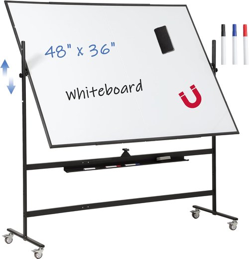 Fortuno Magnetic Mobile Whiteboard - 48"x36" Double-Sided Dry Erase Board with Adjustable Height & Angle | Rolling Easel for Office, Classroom, Home - Black