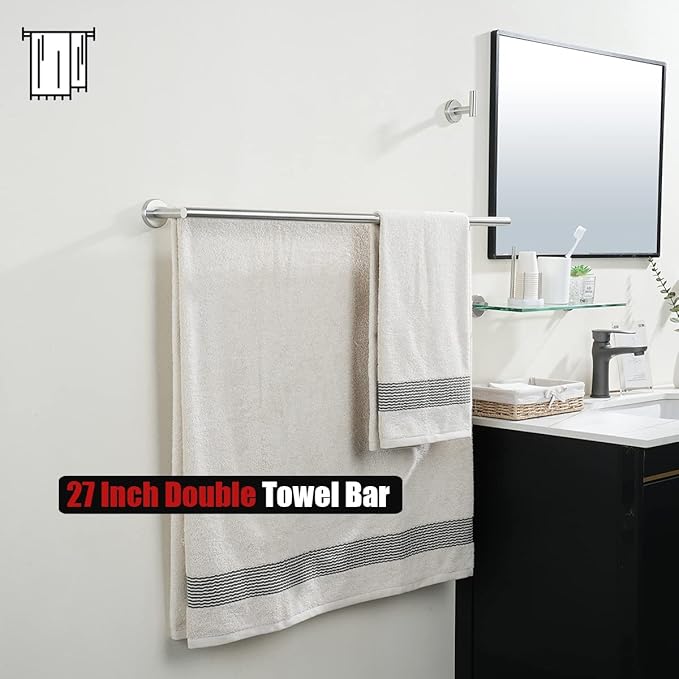 JQK Double Bath Towel Bar, 30 Inch 304 Stainless Steel Thicken 0.8mm Towel Rack for Bathroom, Towel Holder Brushed Finished Wall Mount, Useable Length 27 Inch, TB100L27-BN