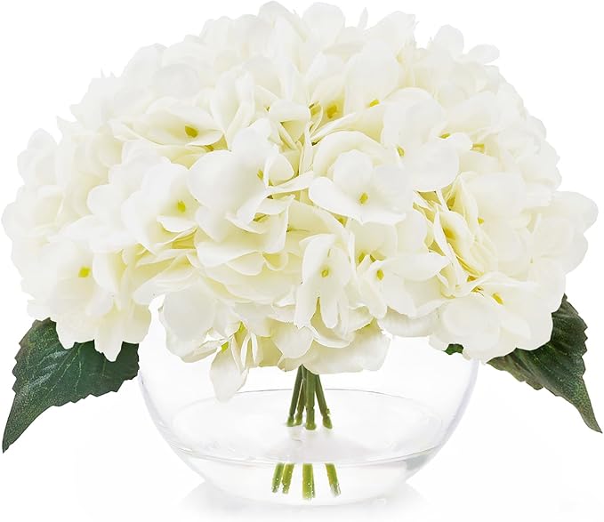 Silk Hydrangea Flowers in Vase, Small Silk Flowers in Vase with Faux Water for Home Decor Wedding Table (Cream White)