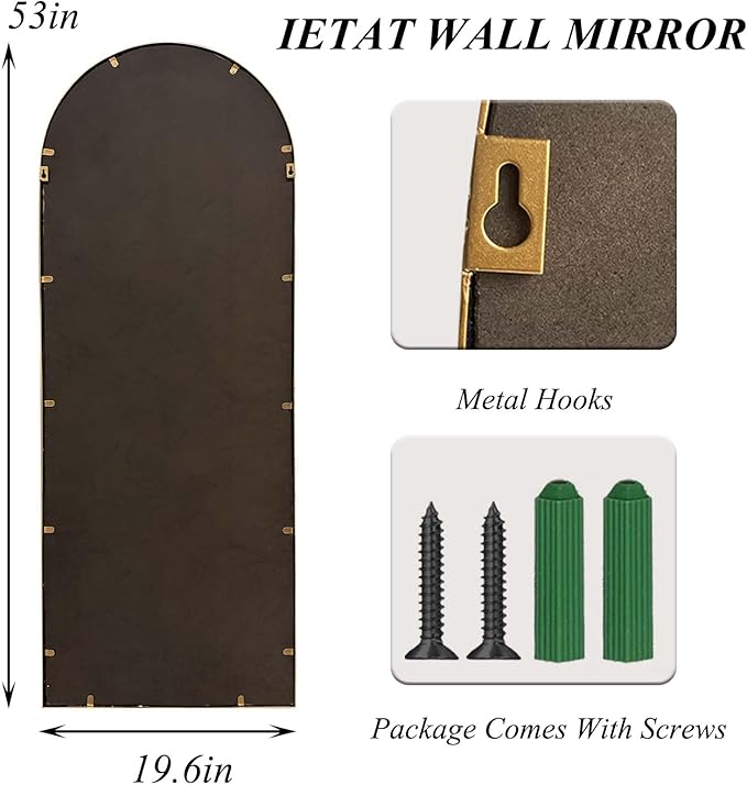 Gold Arched Full Length Mirror，Standing Floor Full Body Mirror with Beaded Frame Hanging or Leaning Wall 53"X20" Full Length Wall Mounted Mirror for Dressing Room Bedroom Entryway