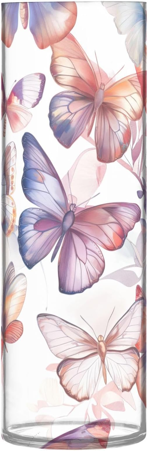 susiyo Translucent Butterflies and Flowers Acrylic Vase, Tall Plastic Vase Cylinder Vase Clear Acrylic Flower Vase for Centerpieces