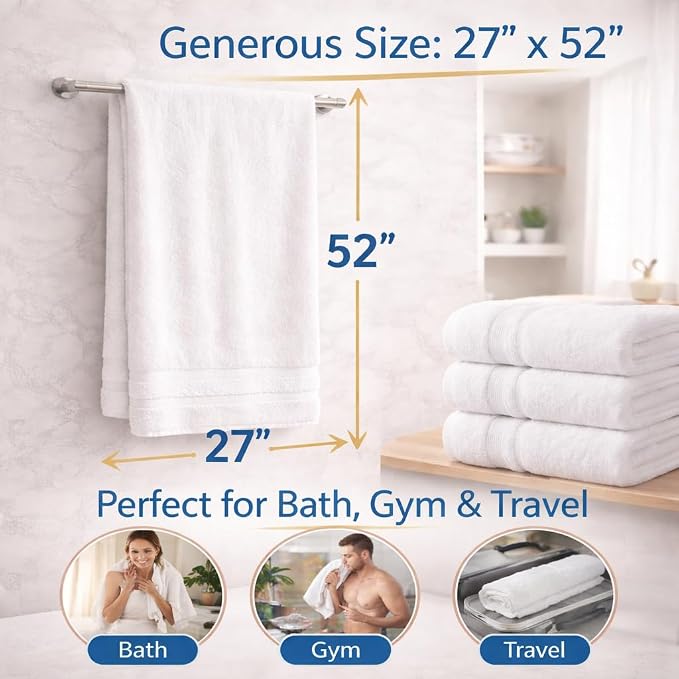 Bath Towels 27x52 | Soft & Quick-Dry | Highly Absorbent 100% Ring Spun Cotton Towels for Bathroom, Spa, Home & Hotel Use (White (Pack of 4))