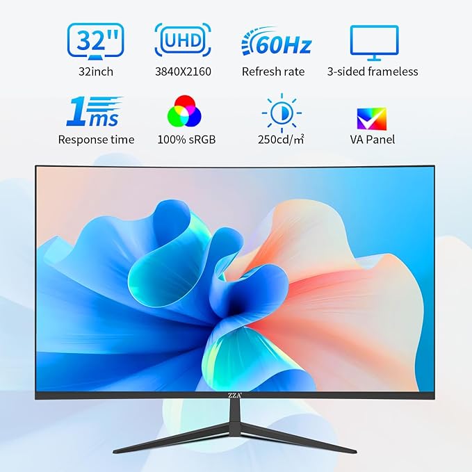 ZZA 32 Inch Curved Monitor 4K UHD 3840x2160, 60Hz 3000R VA Display, Gaming Monitor with Adaptive Sync, HDMI 2.1 & DisplayPort 1.4, 100% sRGB Computer Monitor, VESA 100x100, Black