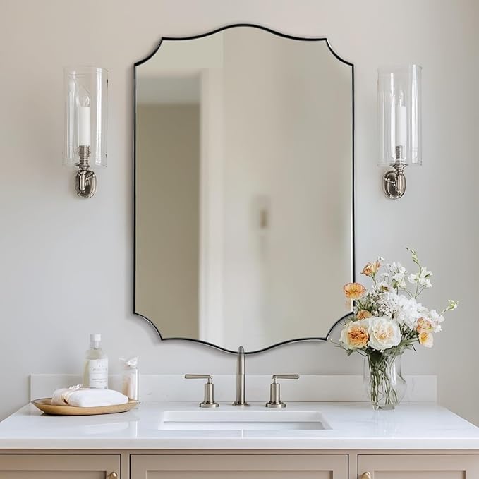 ANDY STAR Brushed Nickel Bathroom Mirror, 24x36’’ Silver Wavy Wall Mirror, Modern Bathroom Vanity Mirror HD Reflection, Anti-Rust Metal Frame Mirror for Bathroom Hangs Vertical or Horizontal
