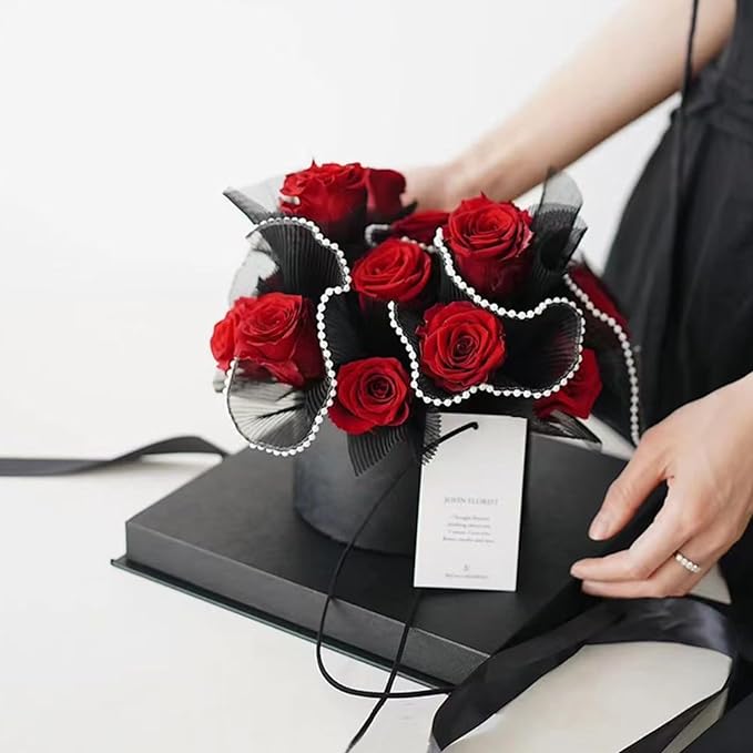 KIMOBER 4.3 Yards Black Flower Wrapping Mesh Paper,Pearl Edge Wrinkled Wavy Net Yarn Flower Wrapping Mesh Paper for Valentine's Day Mother's Day Wedding Florist Supplies(Black)
