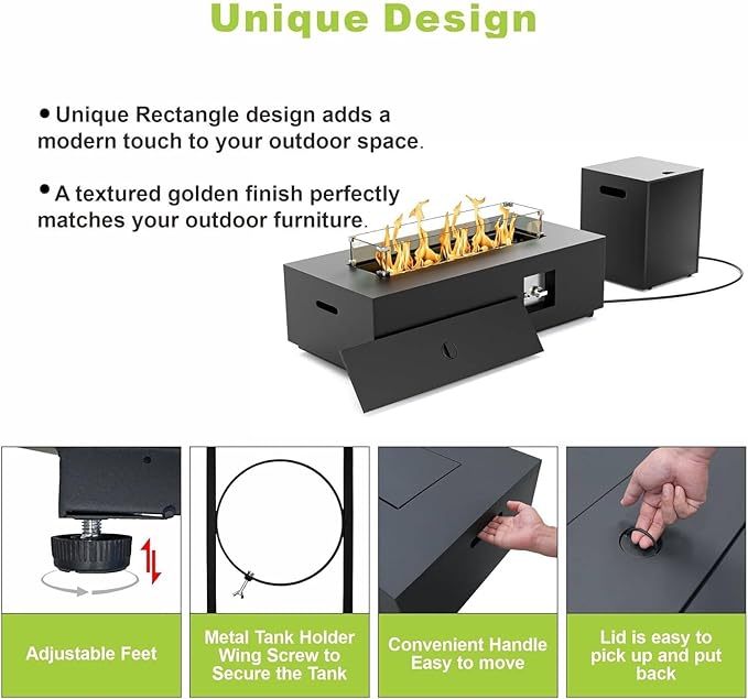 2-Piece 42" LED Rectangular Propane Fire Pit for Outside Patio with Hidden Tank Table, 50,000 BTU Fireplaces with Glass Wind Guard, Lid, Glass Rocks, Cover(Black w/Warm Light)
