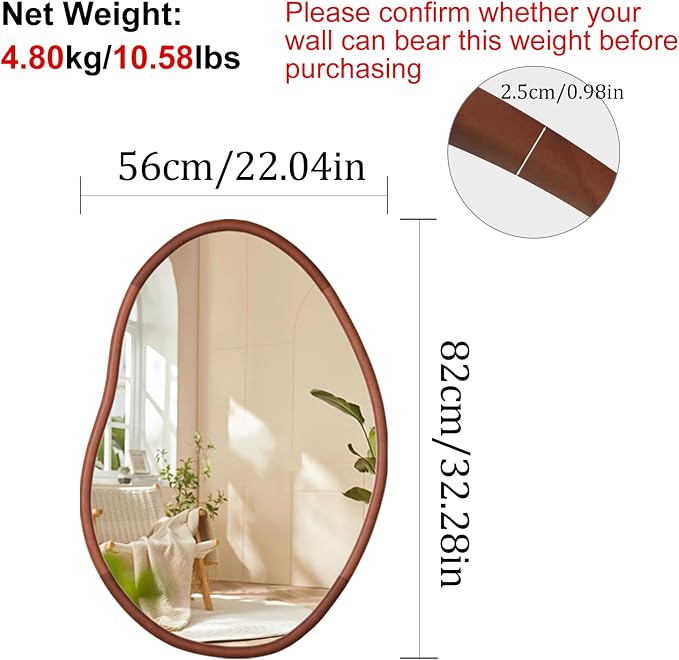 Irregular Wall Mirror Asymmetrical: Abstract Wood Frame 32x22 inch | Unique Vanity Glass Mirrors, Cloud-shape, Horizontal Vertical Hanging, Sleek Entryway Accent