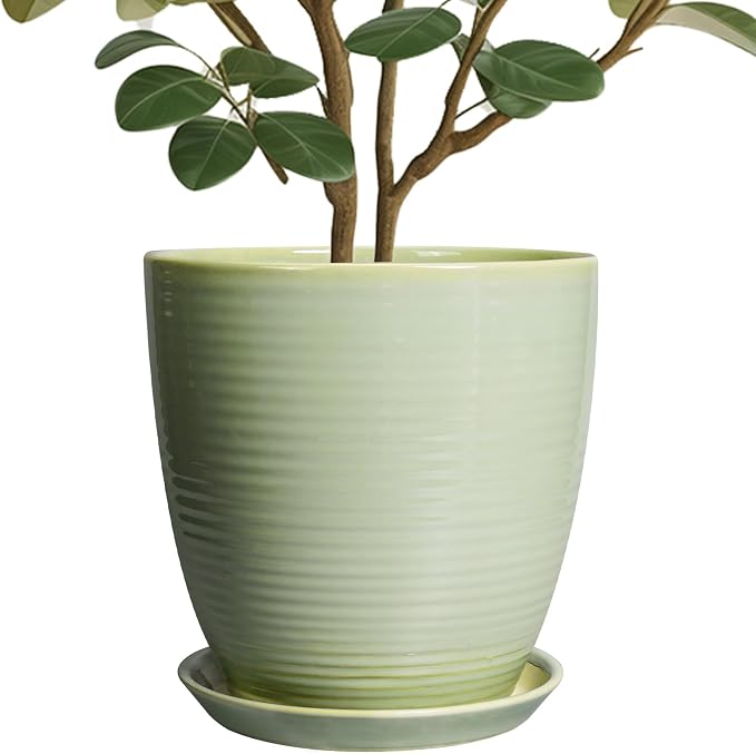 Ceramic Planter - 10 Inch Plant Pot for Indoor Outdoor with Drainage Hole and Plant Tray, Modern Round Home Office Patio Room Decor, House Warming Gifts, Green