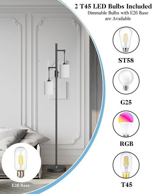 Lightdot 65-Inch Black Floor Lamp - Industrial 2-Light Design with Linen Shade for Living Room & Bedroom Decor