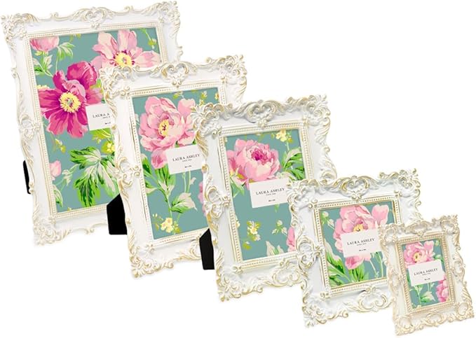 Laura Ashley 2x3 White W/ Gold Ornate Textured Hand-Crafted Resin Picture Frame with Easel, for Tabletop & Wall Display, Decorative Floral Design Home Décor, Art & More (2x3, White W/ Gold)