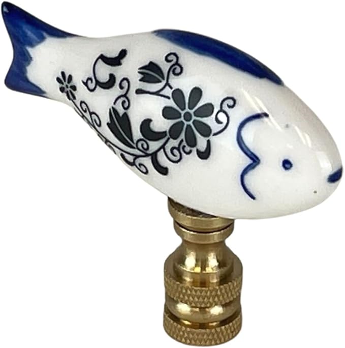 Royal Designs, Inc. Blue & White Porcelain Fish Finial for Lamp Shade, Polished Brass