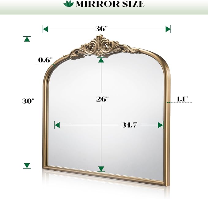 Arched Antique Gold Mantel Wall Mirror, 36"x30" Large Vintage Gold Ornate Mantle Mirror, Wide Brass Mirrors for Bathroom Over Sink, Fireplace, Living Room, Entryway, Hanging or Leaning