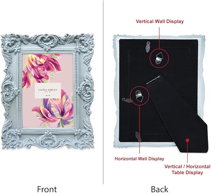 Laura Ashley 4x6 Powder Blue Ornate Textured Hand-Crafted Resin Picture Frame w/Easel & Hook for Tabletop & Wall Display, Decorative Floral Design Home Décor, Photo Gallery, Art (4x6, Powder Blue)