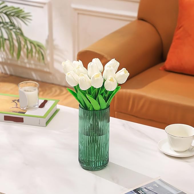 Ribbed Glass Vase, Flower Vases for Bouquet, Green Glass Vases for Flowers, Modern Ribbed Vase for Living Room, Bathroom, Dining Table, Office, Wedding, Centerpieces, 8 Inches