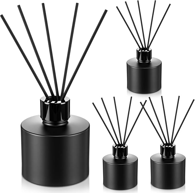 Chunful 4 Sets Black Reed Diffuser Bottle Empty Refillable Fragrance Glass Diffuser Bottles 100ml Round Glass Jars with Black Caps & Rattan Sticks for Living Room Home Replacement Fragrance DIY