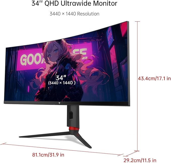 KTC 34'' Curved Ultrawide Gaming Monitor, 21:9, 3440x1440p 165Hz 1ms, 1500R Curved Monitor, Freesync G-sync, Picture by Picture,PIP, Height/Tilt/Swivel/Pivot