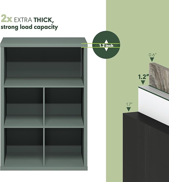 Furinno Cubicle Book Shelf, 5-Cube Extra Thick Frame Bookshelf, Reversible Bookcase with Closed Back, 14.6" x 57.8" x 58", for Living Room, Bedroom, Home Office, Sage Green