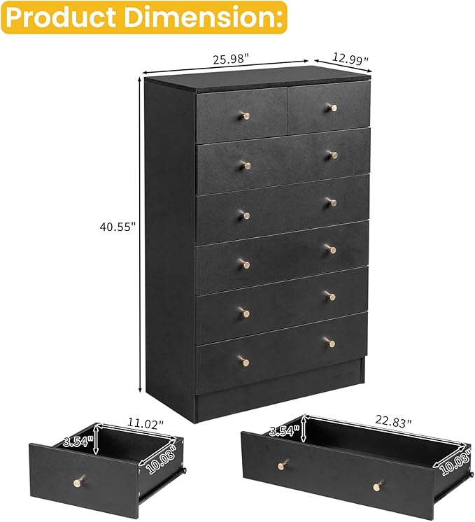 Karl home Black 7 Drawer Dresser for Bedroom, Tall Dresser Chest of Drawers, Wood Bedroom Dressers Clothes Organizer, Anti-Tipping Device, Rose Gold Metal Handle, Living Room, Entryway, Office