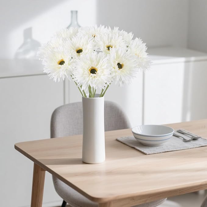 12pcs Gerbera Daisy Artificial Flowers 17.7’’ White Faux Daisies Silk Flowers with Stems for Wedding Bouquet Home Party Garden Outdoor Decoration(White)
