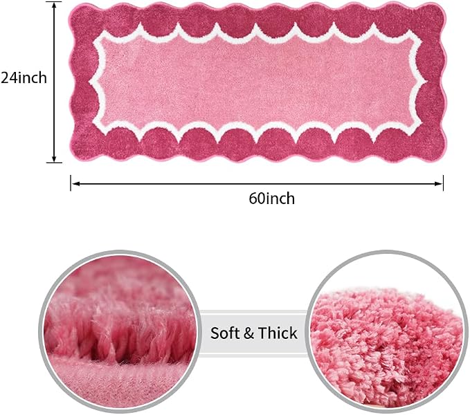 Cute Scalloped Rose Pink Bathroom Rugs Mat,Non Slip Absorbent Quick Dry Runner Rug for Shower Room Bedroom,Microfiber Long Bath Mat for Bath Floor Washable Carpet for Shower Tub Sink,24"x59"