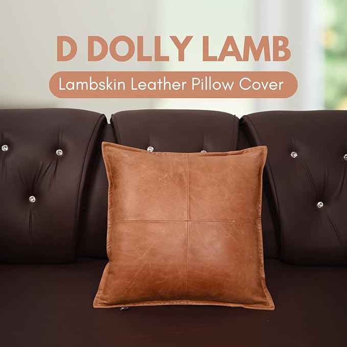 D DOLLY LAMB Lambskin Leather Pillow Cover - Sofa Cushion Case - Decorative Throw Covers for Living Room & Bedroom, 14x14 Inches - Antique Brown Box Pack of 1