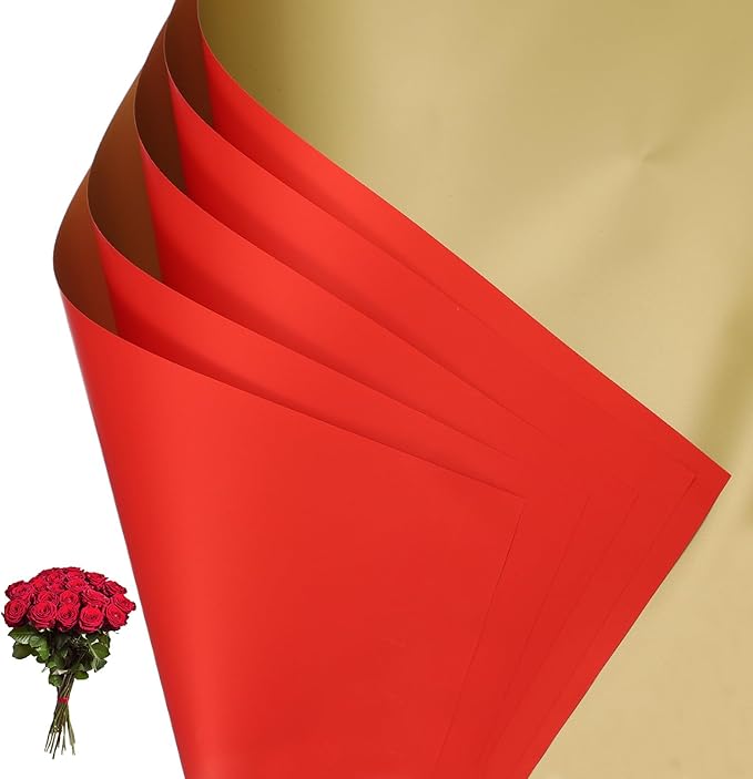 PATIKIL Flower Gift Wrapping Paper, 20 Sheets Double Sided Golden Waterproof Bouquet Paper Wrap Florist Supplies Packaging Floral Papers for Wedding DIY Craft Valentine, Red/Gold