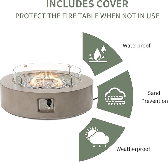 COSIEST Outdoor Propane Fire Pit Coffee Table w Gray 42 inch Round Base Patio Heater, Certified, 50,000 BTU Stainless Steel Burner, Wind Guard, Transparent Gray Fire Glass, Rain Cover