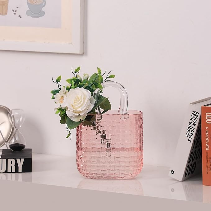 Glass Purse Vase for Flowers, Pink Purse Flower Vase, Large Glass Bag Vases, 10 Inch Handbag Shaped Vases for Home, Living Room, Bedroom, Table, Office Decor