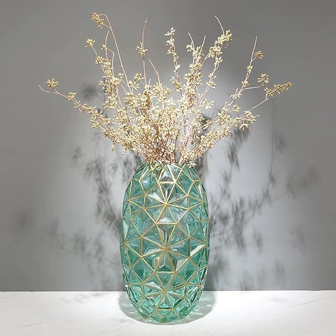 Hand Painted Gold and Green Diamond Shaped Glass Crystal Vase 13.6 inch Tall (Hand Painted Gold and Green)