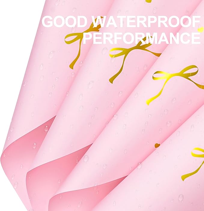 WRAPAHOLIC 20 Sheets Flower Wrapping Paper - 22.4 x 22.4 inch Pink Bow Water-Resistant Floral Bouquet Wrapping Paper, Florist Supplies Packaging for Wedding Birthday Gift DIY
