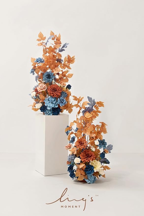 Ling's moment 41" Tall Fall Free Standing Artificial Flowers Arrangements 2 pcs Wedding Arch Altar Stage Decorations Russet Orange & Denim Blue for Ceremony Reception Church Backdrop Outdoor Party
