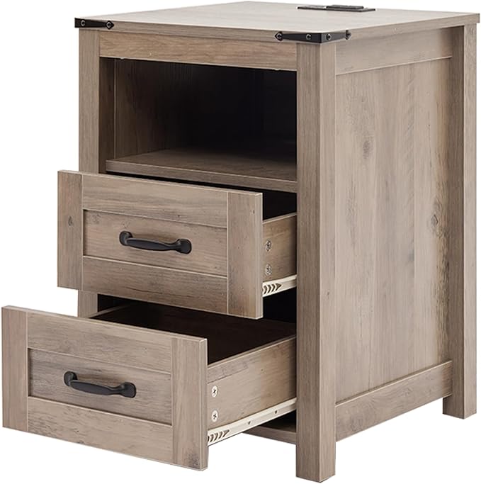 Farmhouse Night Stand, Rustic Sierra Nightstand for Bedroom, End Tables with Charging Station, Bedside Table with Drawers, Wood Bedside Cabinet Dresser