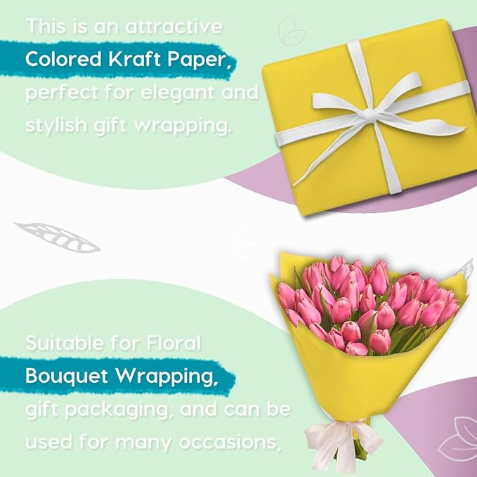 PerkHomy Lemon Yellow Kraft Paper Roll 48" x 3,600" (300') for Gift Wrapping Bouquet Flower Art Painting Craft Writing Packaging Shipping 80GSM 55LB (Lemon Yellow, 48" x 300')