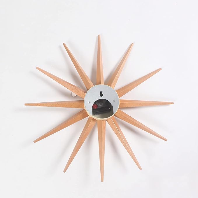 SHISEDECO Modern Art Sunburst Clock in Natural Color, Non Ticking Wooden Mid Century Retro Design Decorative Silent Wall Quartz Clocks for Home, Kitchen, Living Room, Office and Bedroom etc.