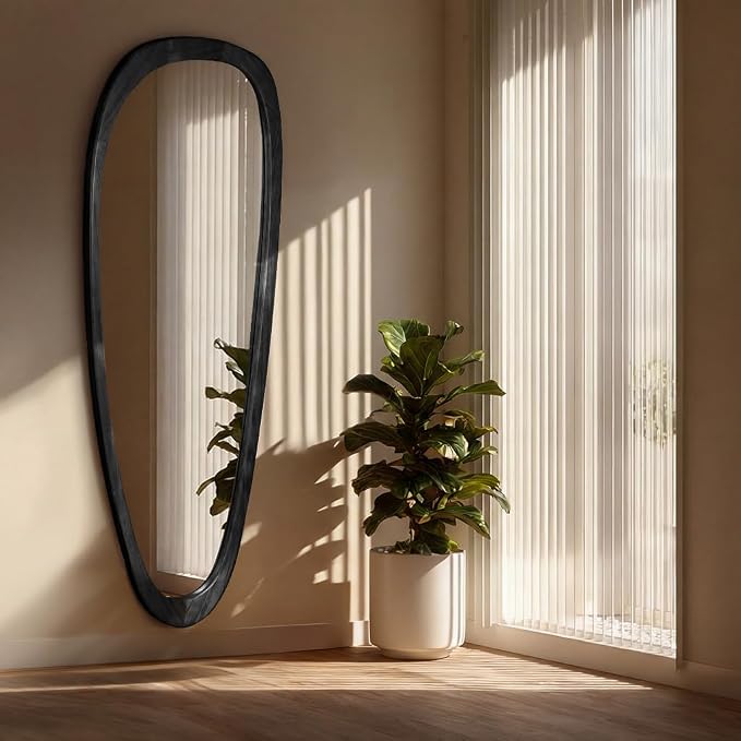 60''x22'' Asymmetrical Mirror with Black Wood Frame, Small Irregular Wavy Wall Mirror, Odd Shaped Mid Century Modern Mirror Decor for Bedroom Living Room Entryway Hall