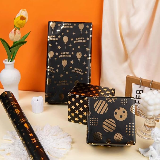 Birthday Wrapping Paper Roll -3 LARGE ROLL-27inch*78 inch per roll Colorful Foil wrapping paper Design for Holiday, Party, Celebration (Birthday 3 Black/Gold（010）)