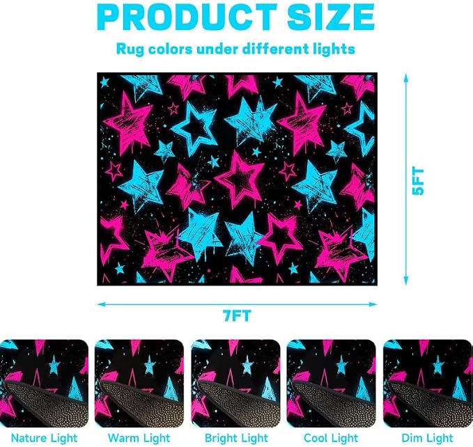 5'x7' Neon Star Area Rug Black Pink and Blue Floor Mat Abstract Star Print Rugs Washable Non-Slip Carpet for Bedroom Living Room Nursery Kitchen Playroom Home Decor