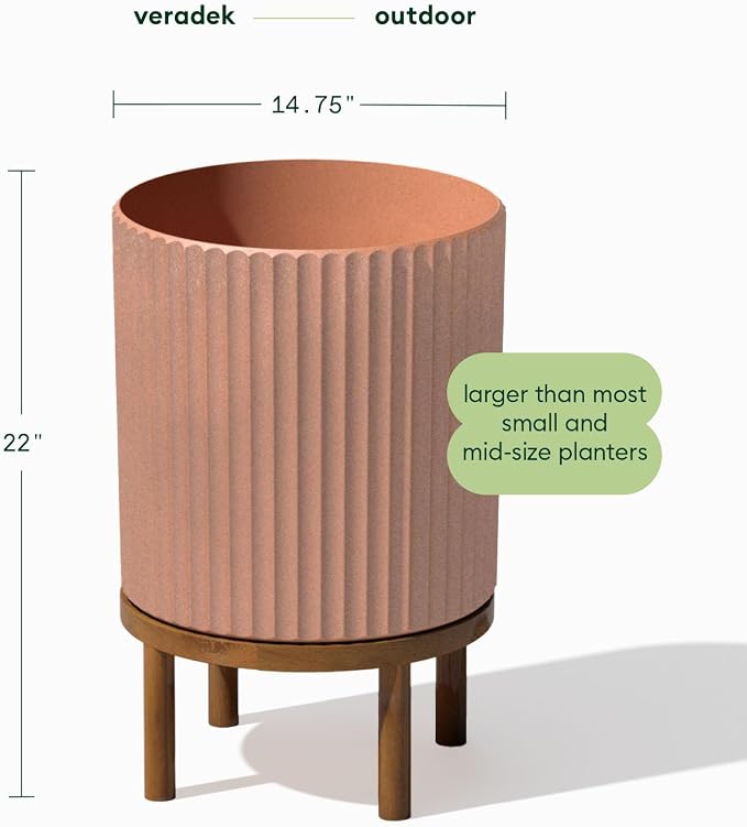 Veradek Demi Series Round Planter w/Stand for Porch/Patio | Durable Plastic-Stone Composite & Wooden Stand | Modern Décor for Tall Plants, Flowers