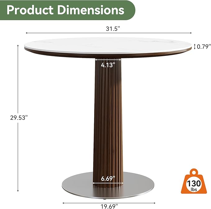 Round Dining Table, 31.5" Solid Wood Dinner Table with Thickened Top & Steel Pedestal, Mid Century Modern Bistro Table for Kitchen, Small Space, Living Room, Cafe, White & Walnut -Style C